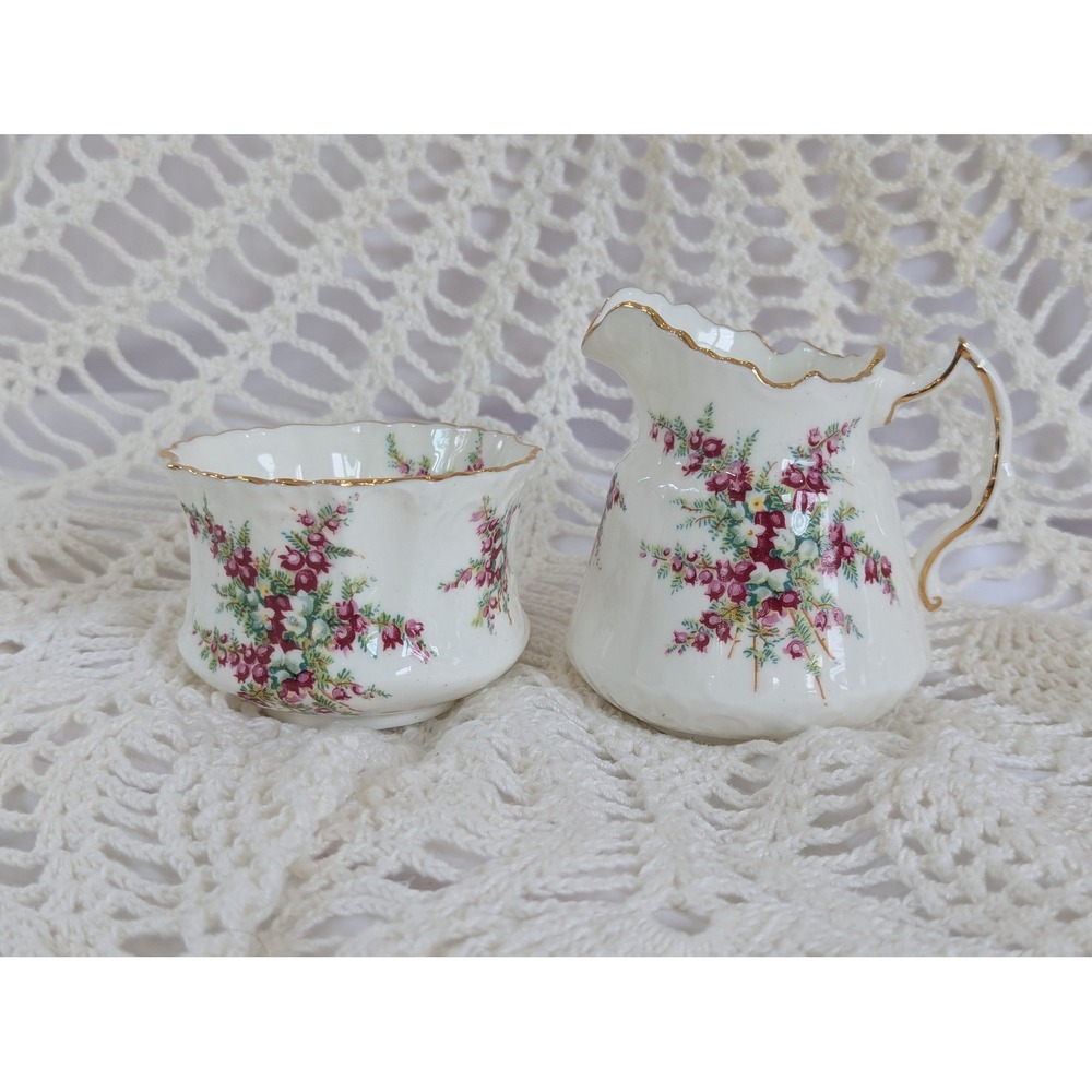 Hammersley China Cream and Sugar Set Pink Heather Gold Trim 4060 Made in England
